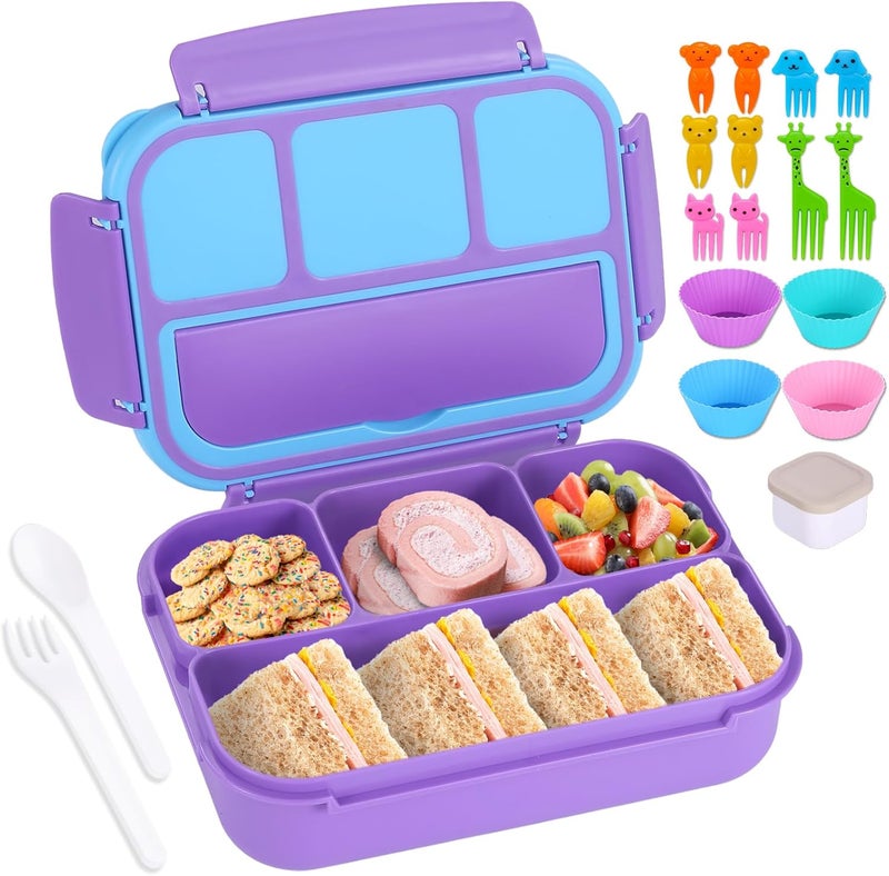 shell and turtle Bento Box for Kids Girls Boys, Bento Box Adult Lunch Box with 4 Compartments, Lunch Containers with Utensils, Sauce Jar, Muffin Liners for School, 40 Oz/5 Cup, Purple - Image 1